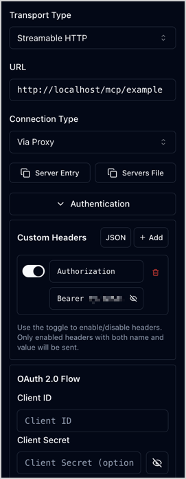 Left panel of MCP Inspector with connection settings for MCP server
