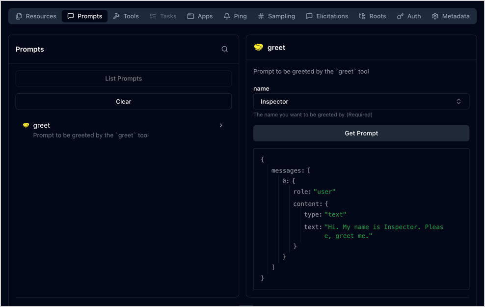 Right panel of MCP Inspector with a list of prompts obtained from the MCP server, and the test of the greet prompt