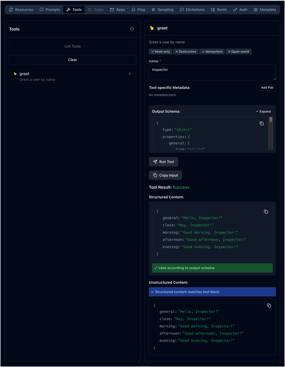 Right panel of MCP Inspector with a list of tools obtained from MCP server, and the test of the greet tool